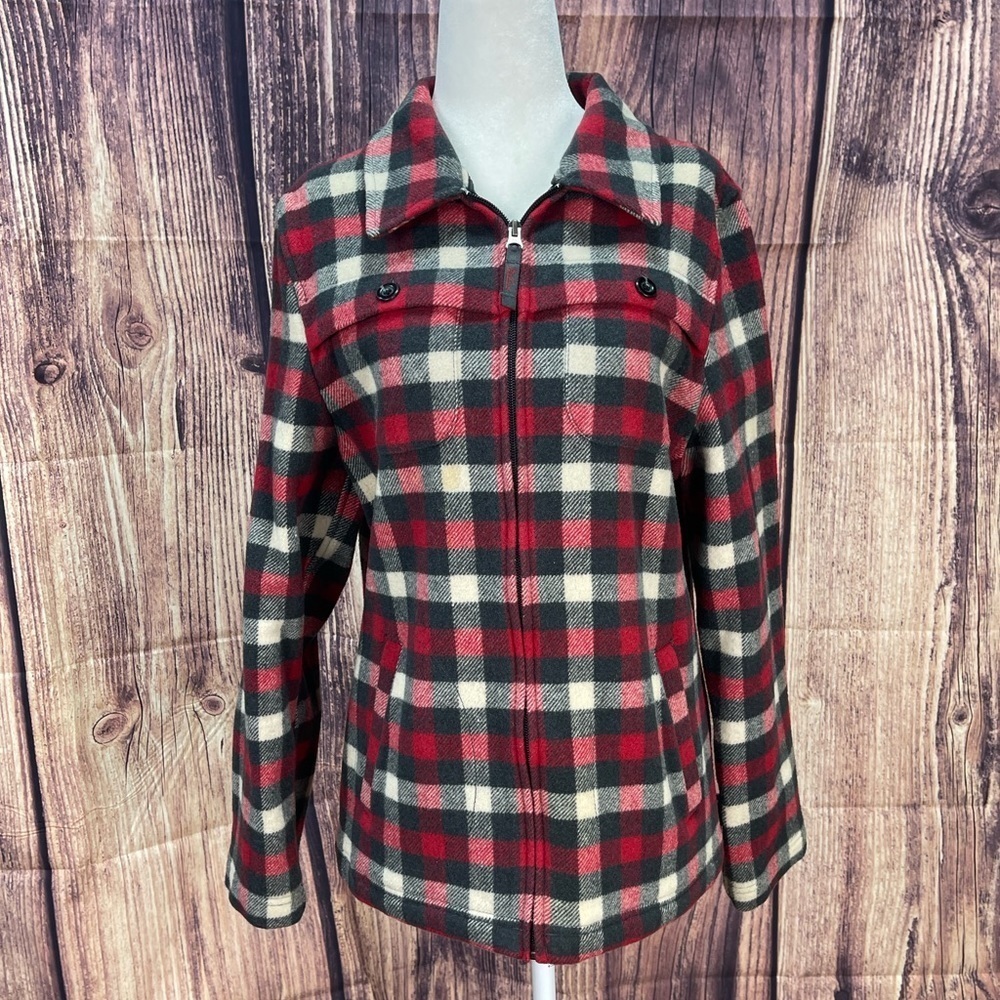 Woolrich red multi plaid wool blend zipper shirt jacket shacket women’s size M